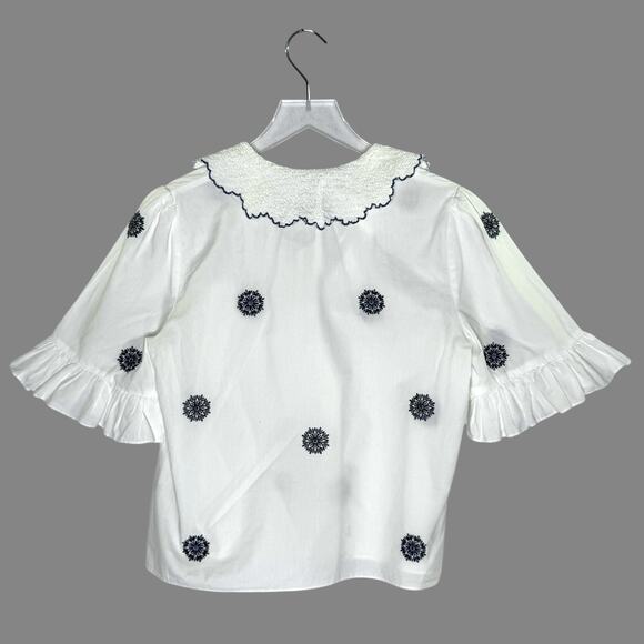 Zara Kara Top White with Blue Embroidery XS Button Front Boxy Peter Pan Collar - Picture 2 of 10